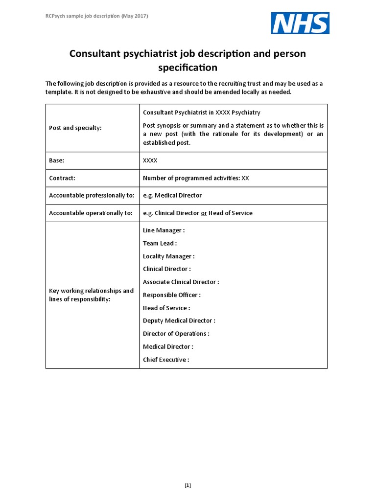 Consultant Psychiatrist Job Description and Person Specification