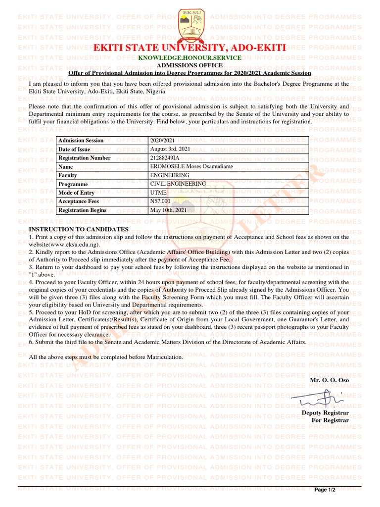 Admission Letter: Ekiti State University, Ado-Ekiti | PDF | Vocational ...