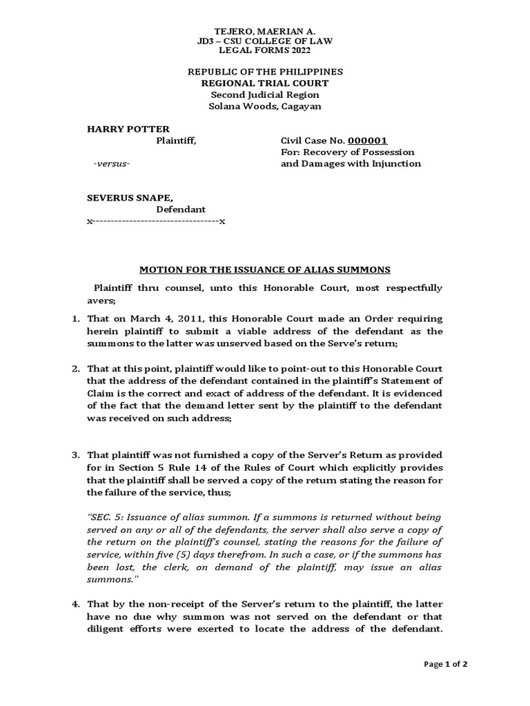 Regional Trial Court: Tejero, Maerian A. Jd3 - Csu College of Law Legal ...
