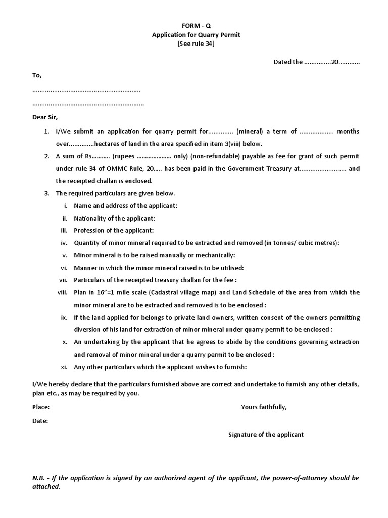 FormQ Application For Quarry Permit PDF Government Justice