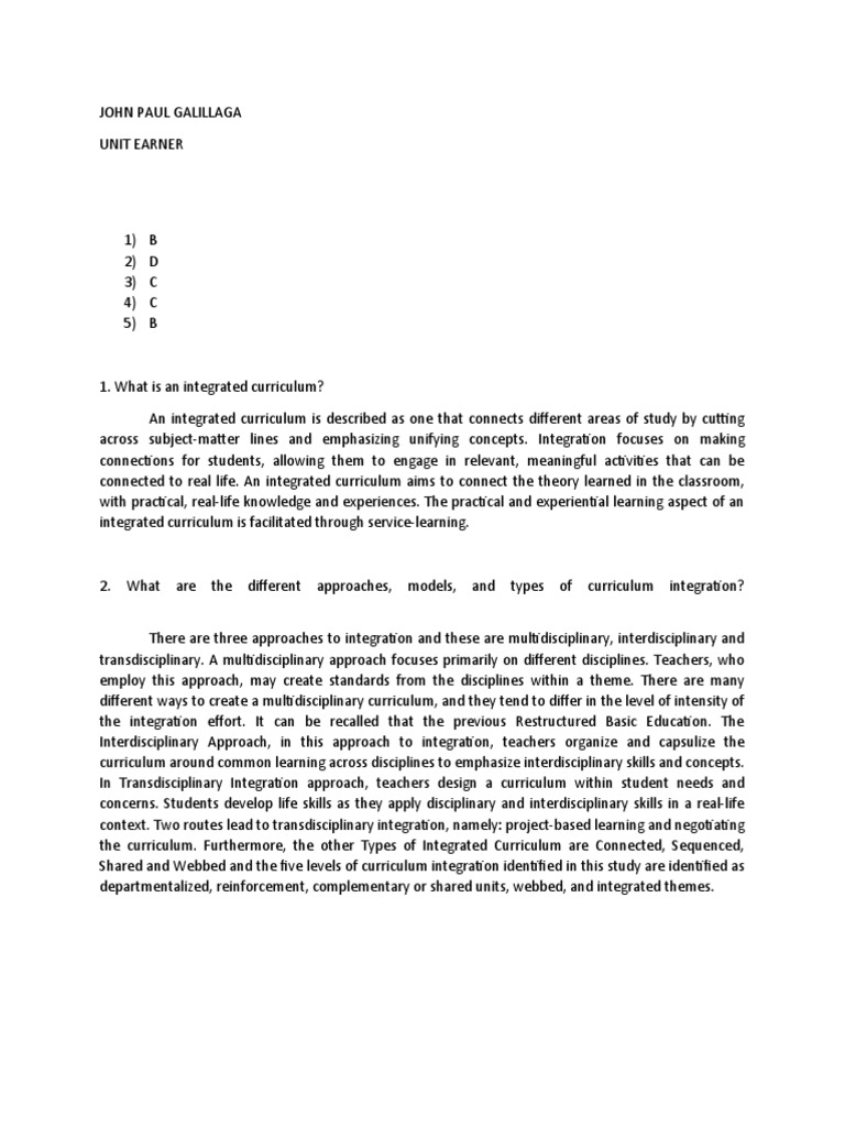 Answer For Prof Ed 2 PDF Curriculum Interdisciplinarity