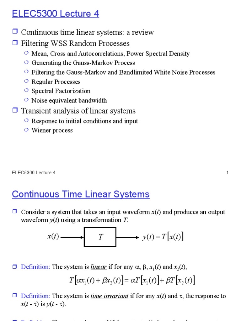 ELEC5300 Lecture 4 Continuous Time Linear Systems A Review Filtering