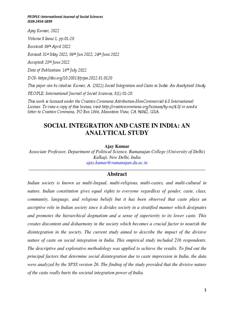 Caste and Social Integration in India | PDF | Dalit | Statistical ...