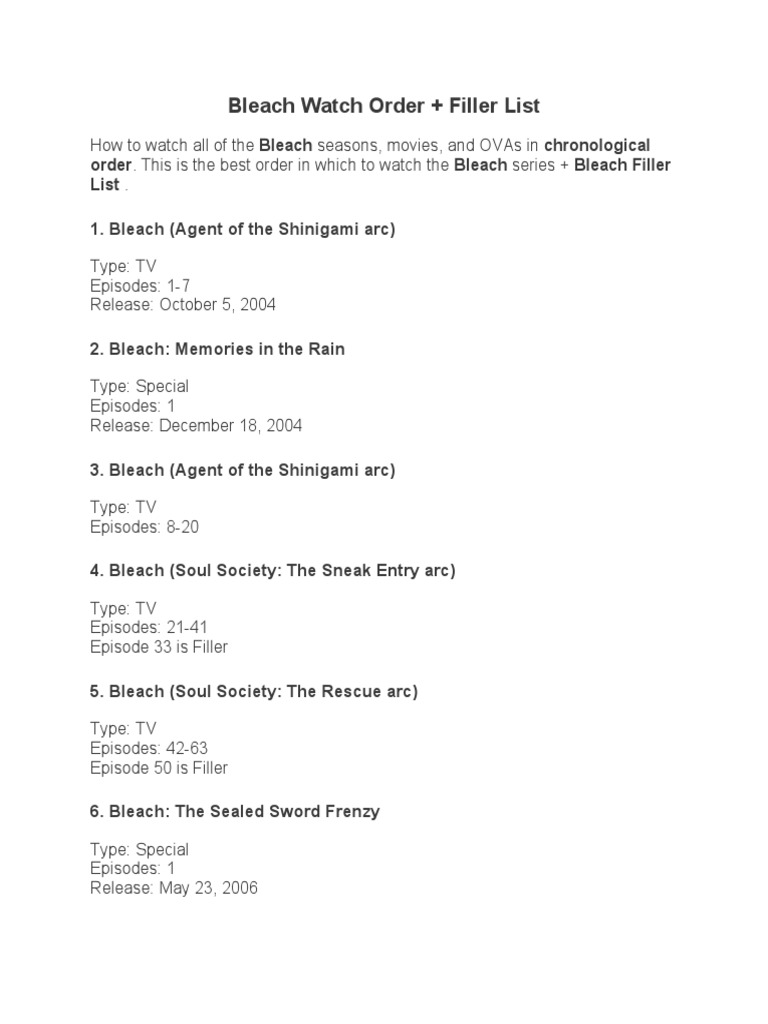 Bleach Watch Order + Filler List 1. Bleach (Agent of The Shinigami Arc