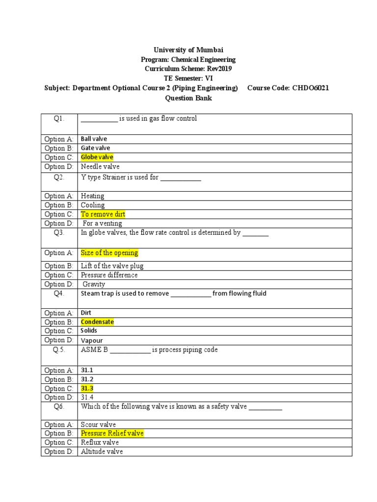 Piping Engineering Question Bank Rev2019 | PDF | Valve | Pipe (Fluid ...