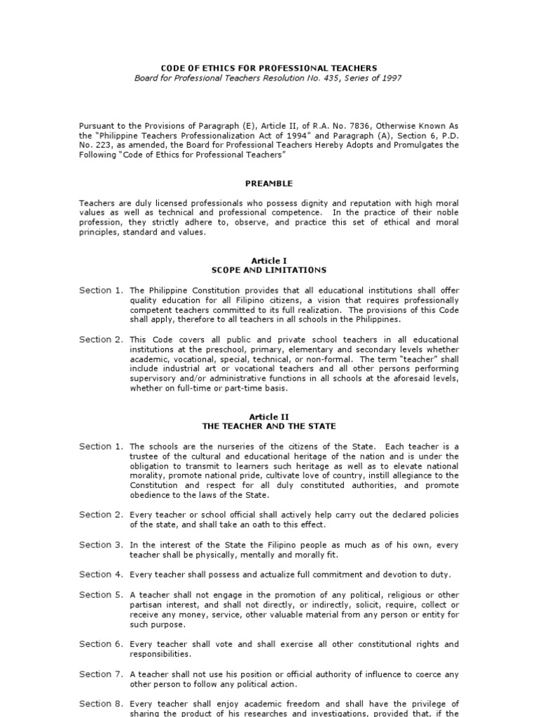 Code Of Ethics For Professional Teachers Pdf Profession Teachers