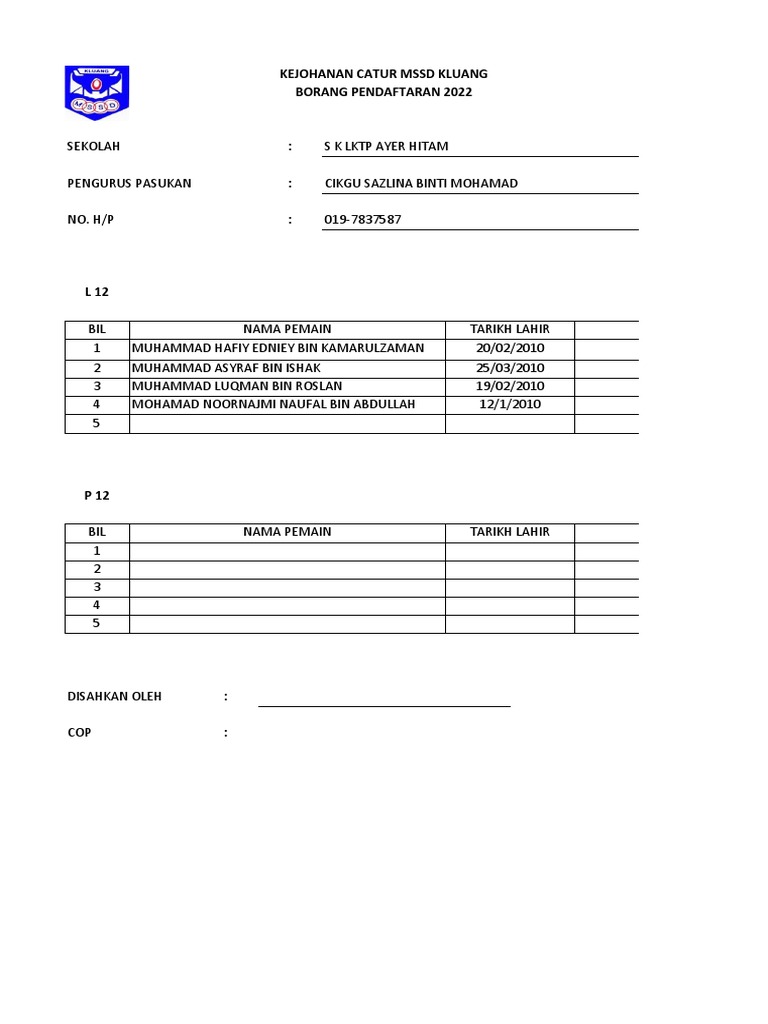 Borang Pendaftaran Catur MSSD Kluang b12 2022 SK Fah | PDF