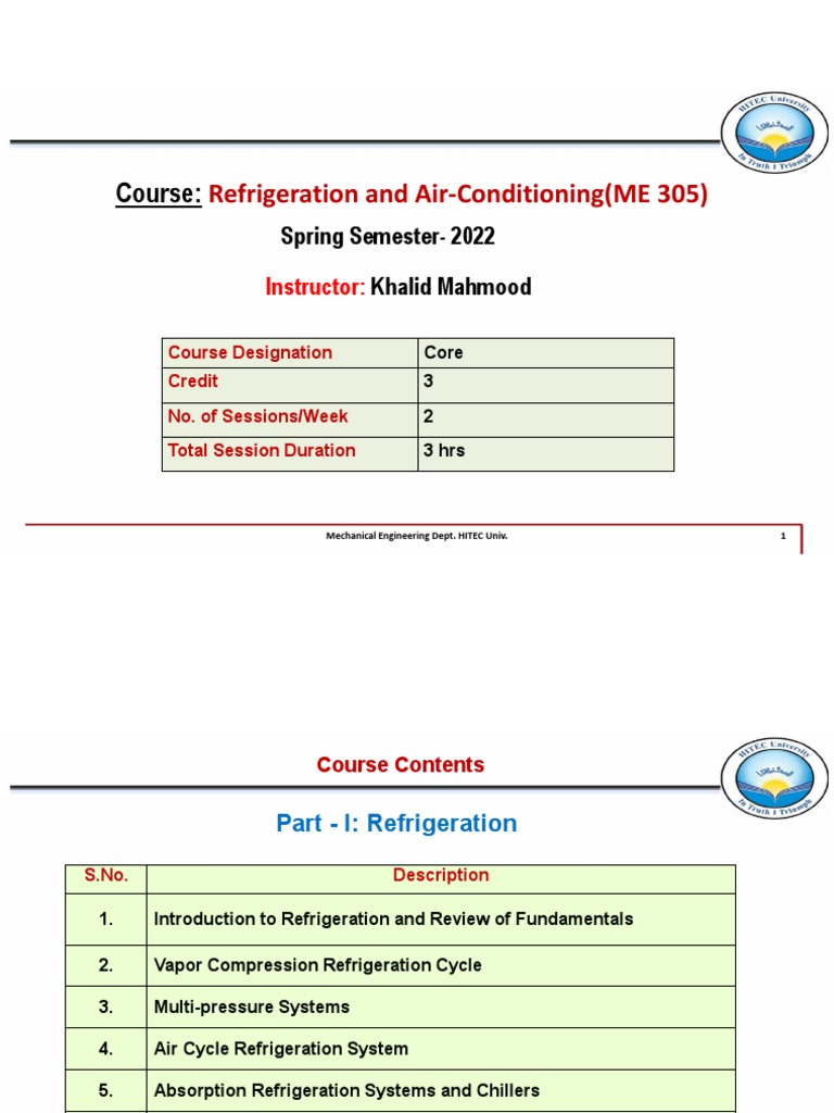 Course Refrigeration and AirConditioning (ME 305) PDF Heat