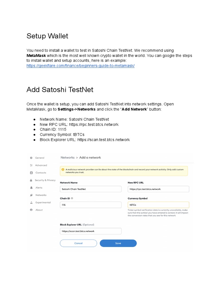 Setup MetaMask for Satoshi TestNet | PDF | Finance & Money Management