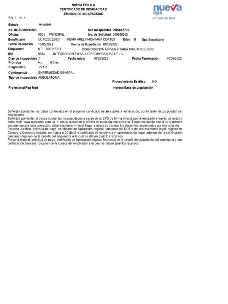 Certificado de Incapacidad Nueva EPS 2022 | PDF
