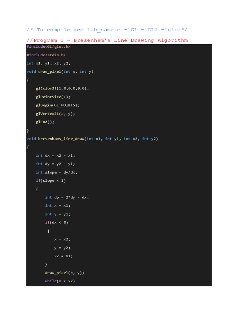 program 1 - Bresenham's Line Drawing Algorithm: / To Compile GCC Lab ... image.