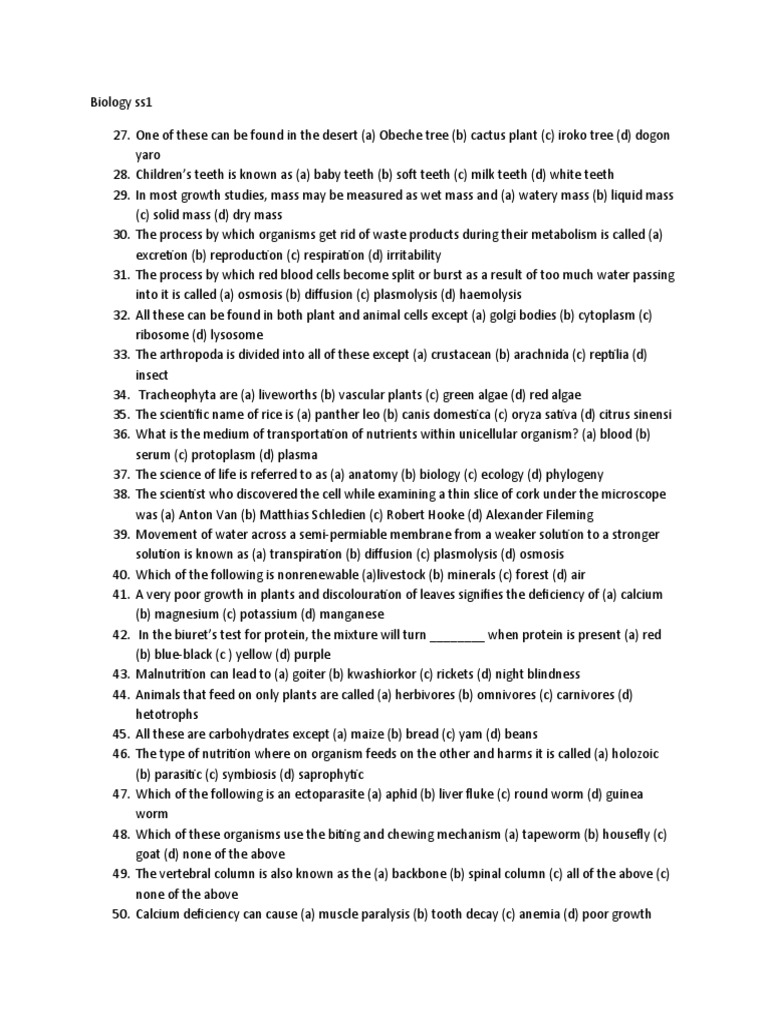 Biology ss1 | PDF | Biology | Plants