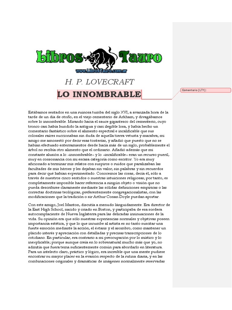Lovecraft, H.P. - Lo Innombrable | PDF | HP Lovecraft