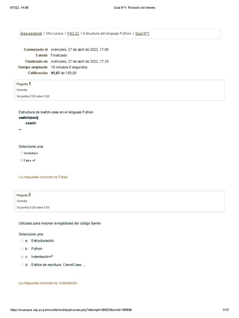 Quiz N°1 | PDF | Python (lenguaje de programación) | Desarrollo de software