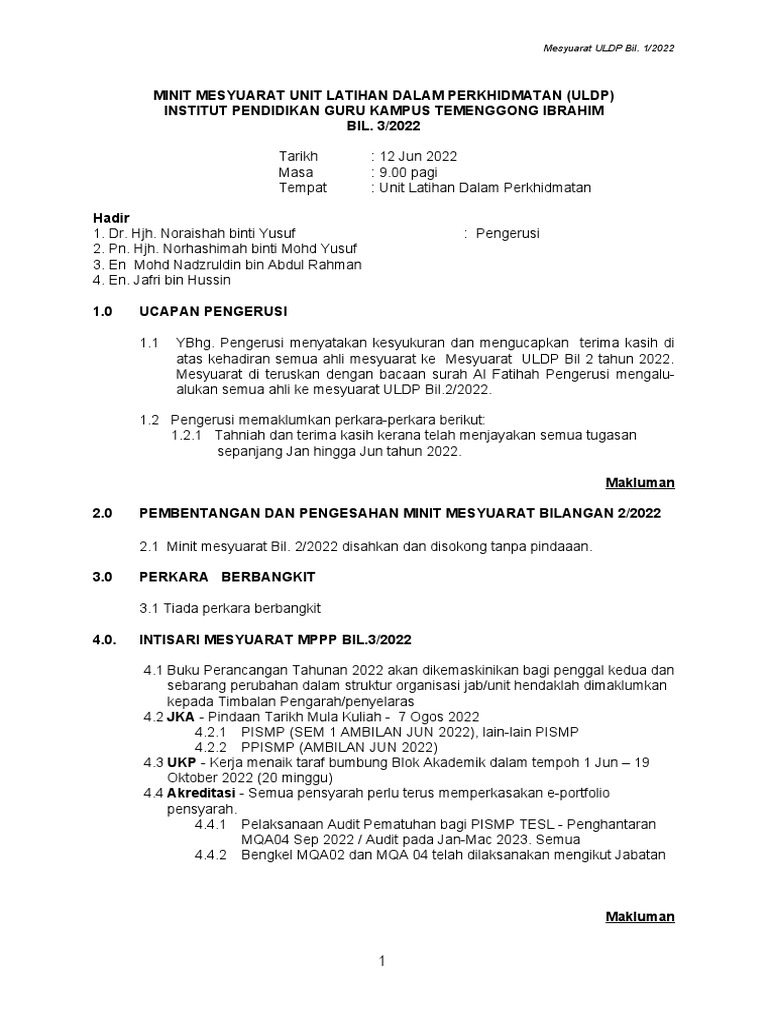 MINIT MESYUARAT Uldp Bil3 - 2022 | PDF