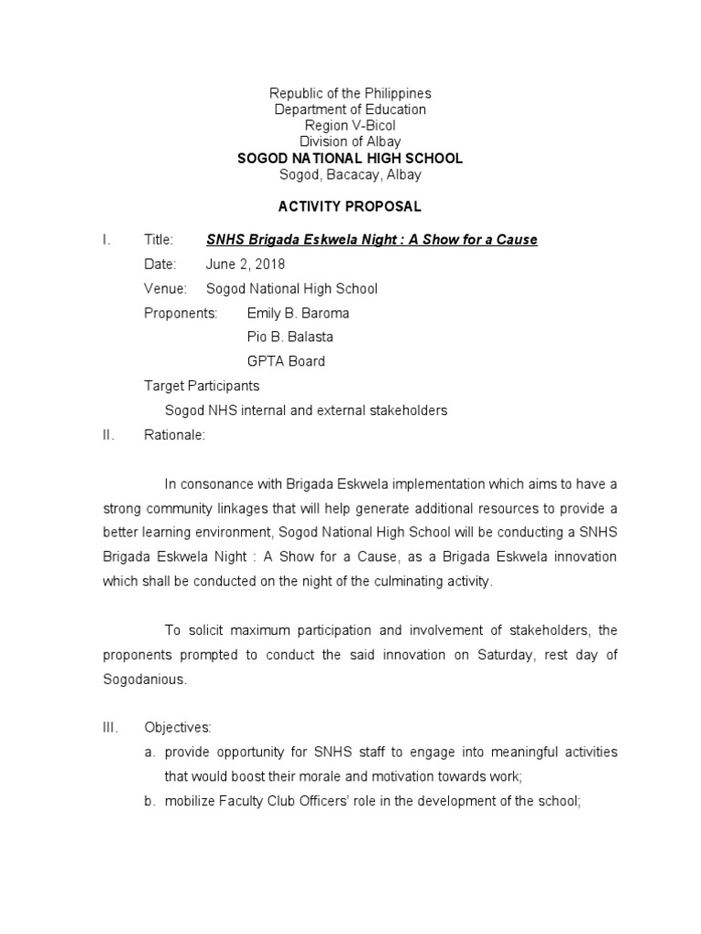SNHS Brigada Eskwela Night Proposal | PDF
