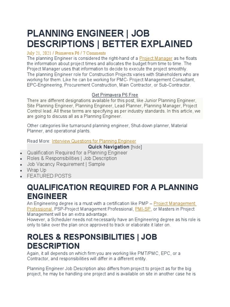 Primevera P6 Planning Engineer PDF Business