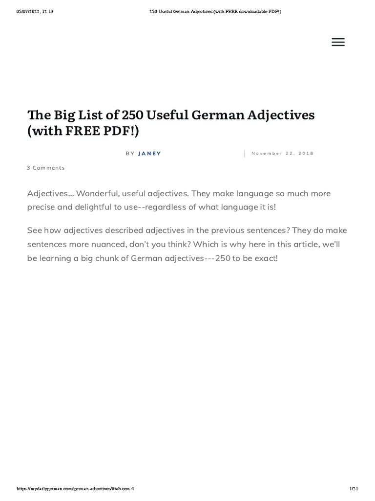250 Useful German Adjectives (With FREE Downloadable PDF!) | PDF ...