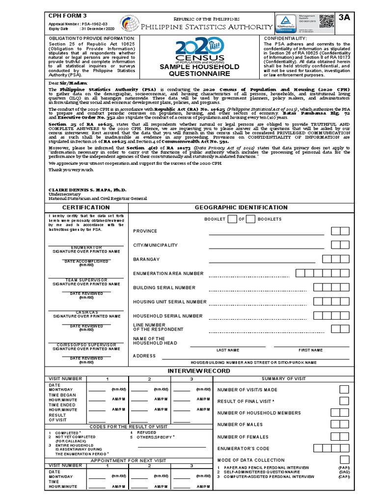 CPH FORM 3 - Sample Household Questionnaire | Download Free PDF ...
