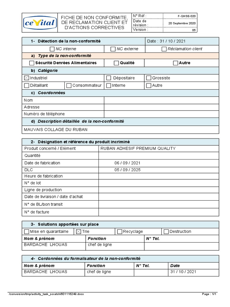 Fiche De Non Conformité Modèle – CPSIM