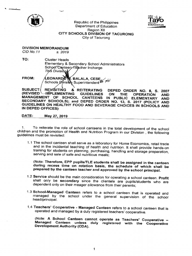 DM CID No. 11 S. 2019 Revisiting Reiterating DepEd Order No. 8 S. 2007