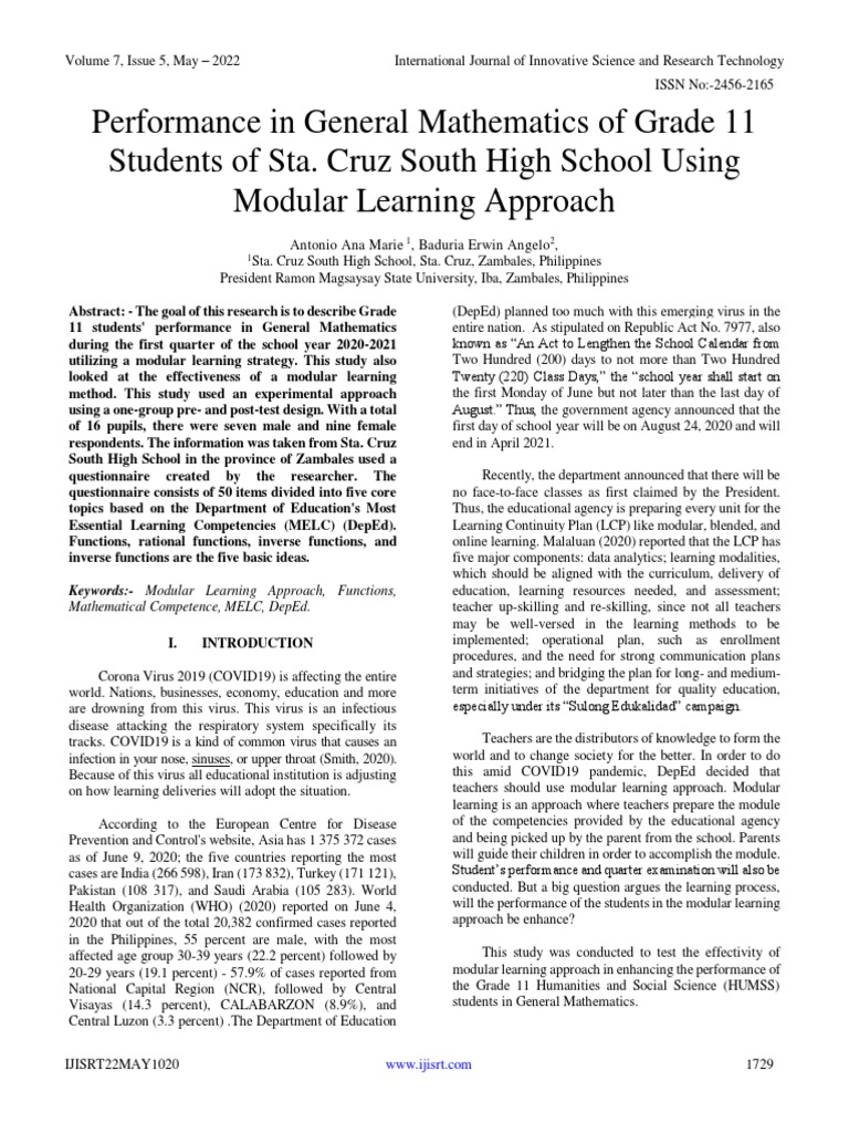 Grade 11 Math Performance: Modular Learning | PDF | Statistics | Experiment