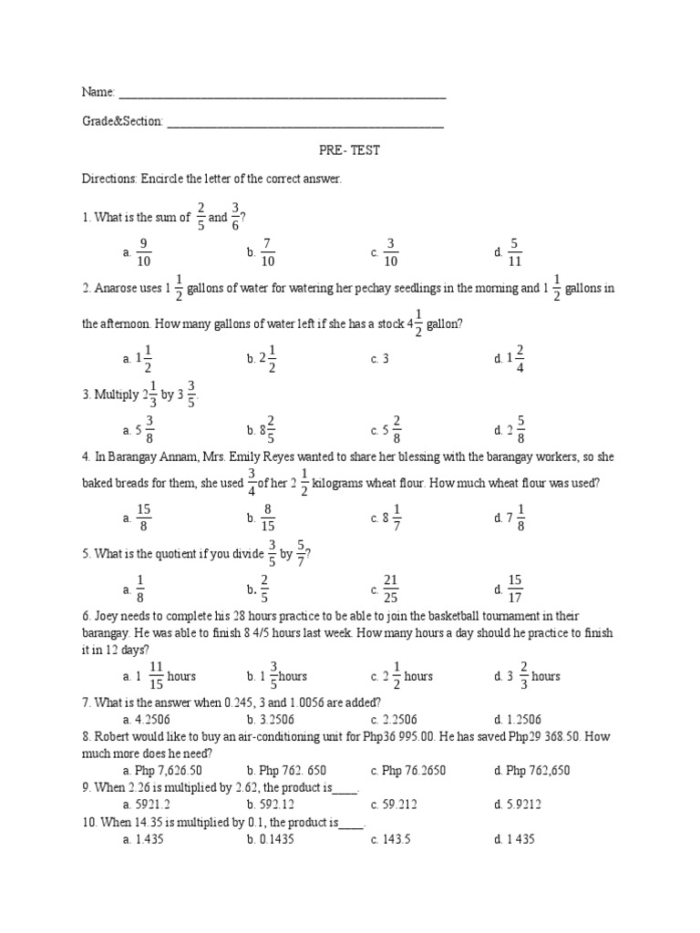 Math Pre-Test and Post-Test Questions | PDF | Staple Foods