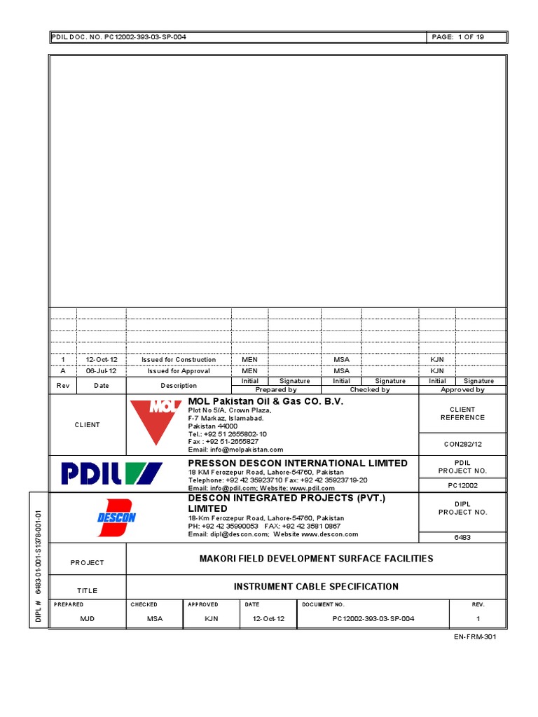 Instrument Cable Specification for Makori | PDF | Electrical Wiring ...