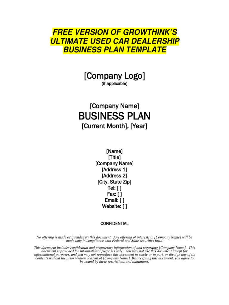 Used Car Dealership Business Plan PDF Expense Customer