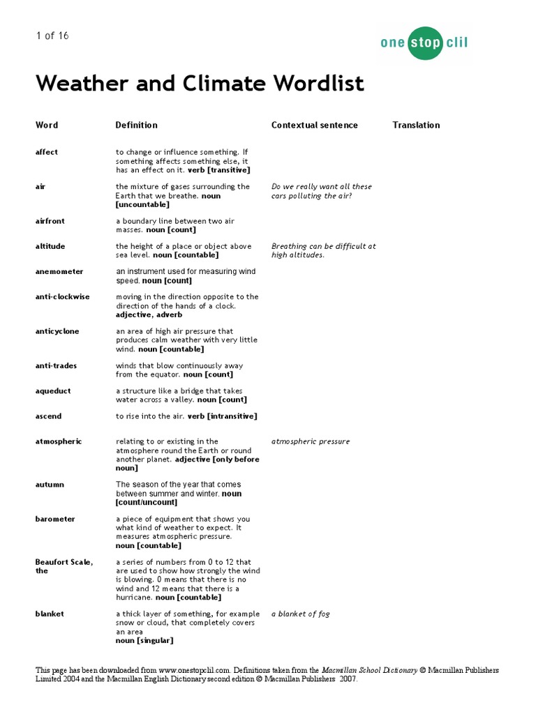 Weather and Climate Wordlist Word Contextual Sentence Translation