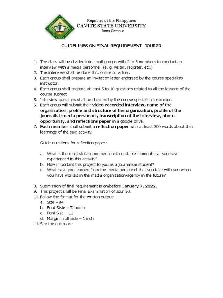 Cavite State University: Guidelines On Final Requirement-Jour50 | PDF ...