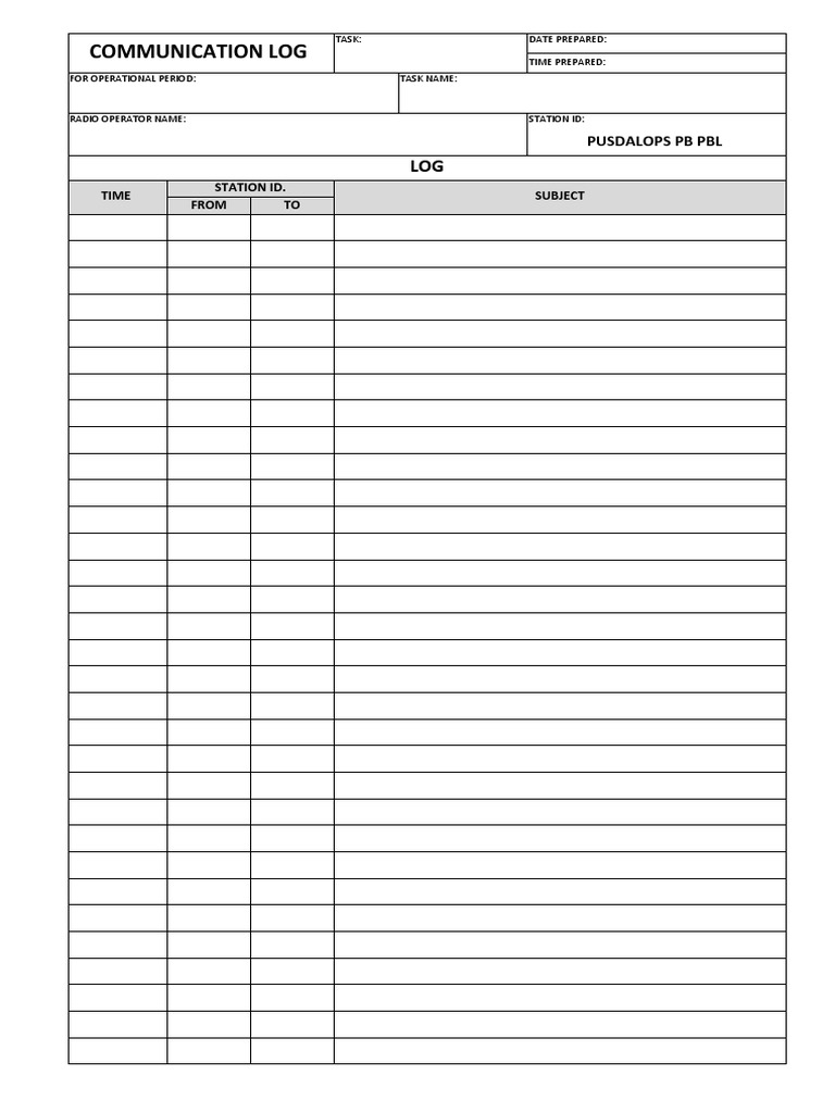 Communication Log: Time Station Id. Subject From TO | PDF