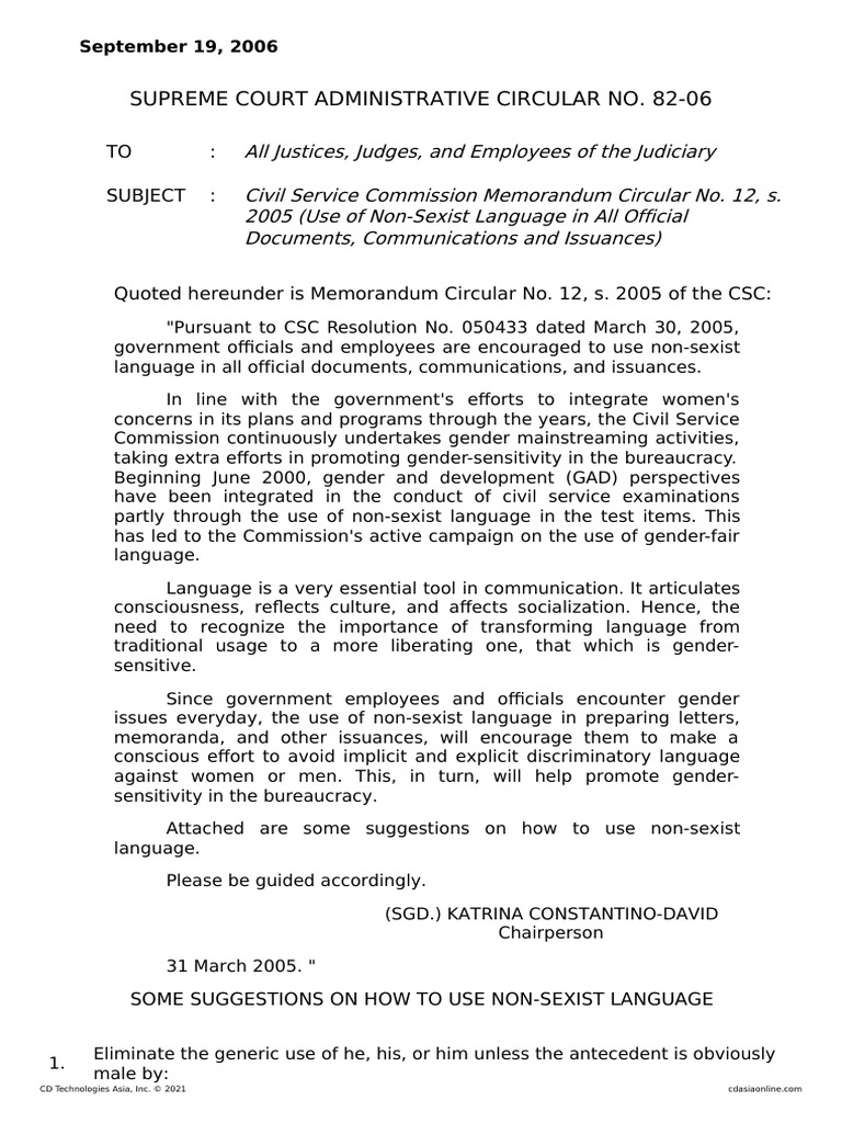 Supreme Court Administrative Circular No. 82-06 | PDF | Gender | Gender ...