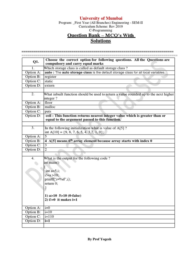 C Programming MCQs With Solutions | PDF | Software Development ...