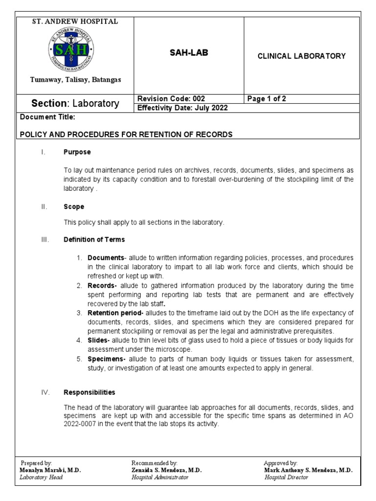 Laboratory Record Retention Policy | PDF | Laboratories | Medical ...