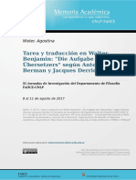 Agostina Weler Tarea y Traducción en Walter Benjamin: "Die Aufgabe Des Übersetzers" Según Antoine Berman y Jacques Derrida