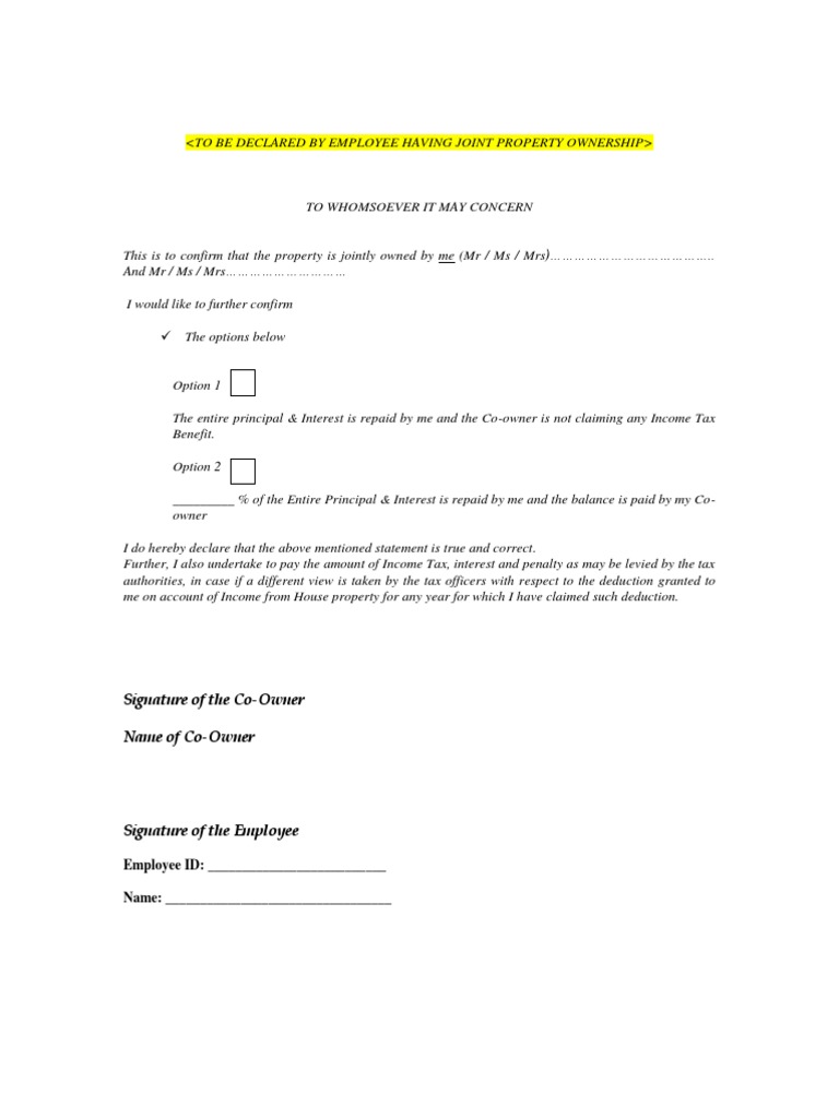 Declaration Housing Loan Joint Owner PDF