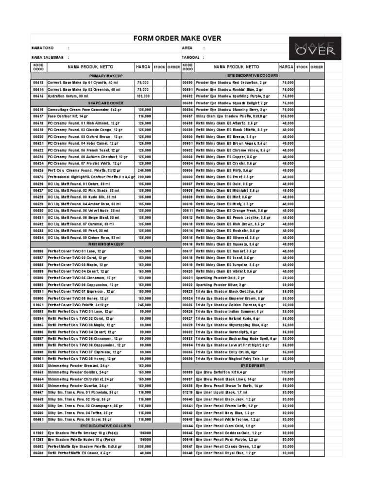 Makeup Product Order Form | PDF | Toiletry | Cosmetics