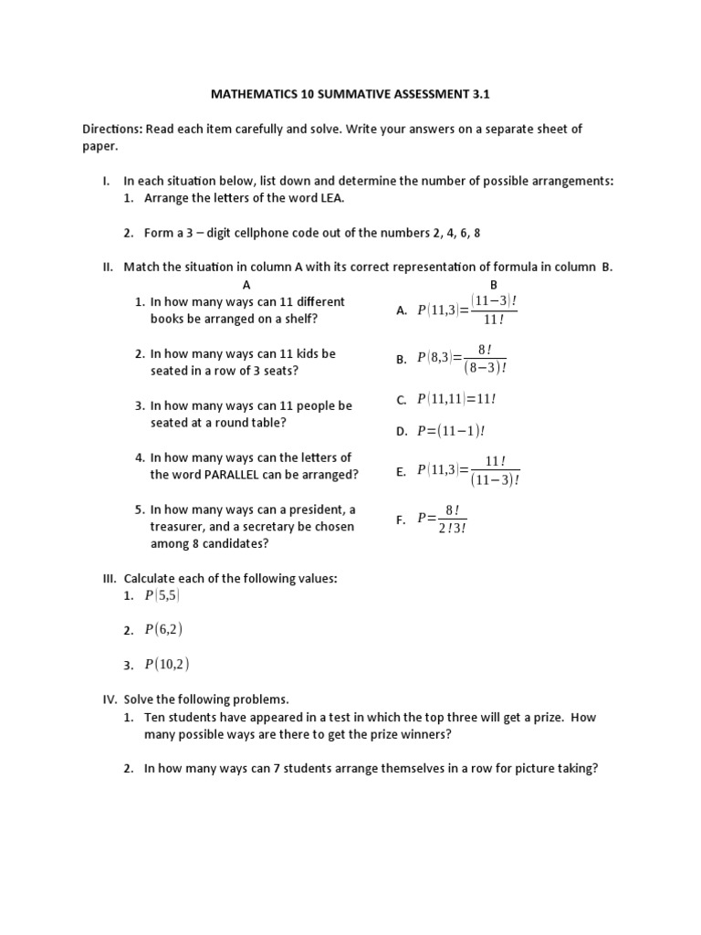 10.3.1 Math Assessment | PDF