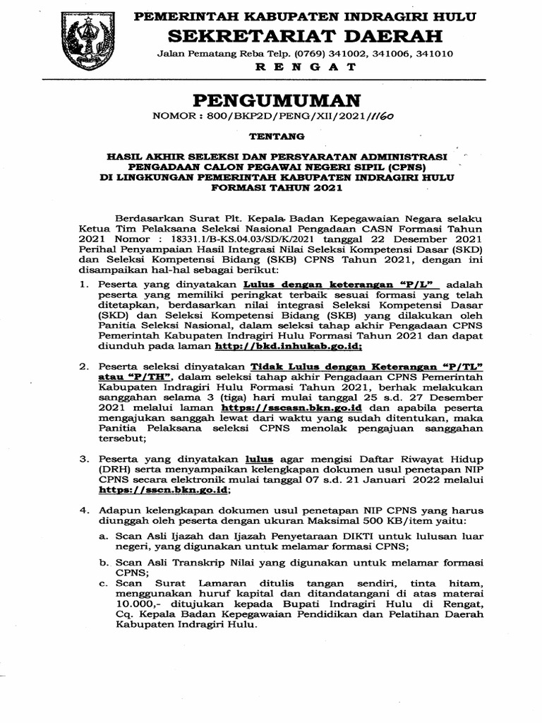 Pengumuman akhir cpns formasi tahun 2021 pdf