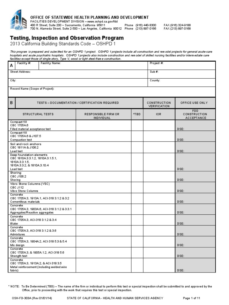 OSHPD Testing and Inspection Guidelines | PDF | Concrete | Plumbing