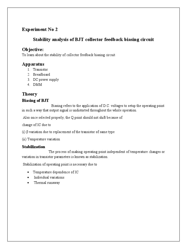 Experiment No 2 Stability Analysis of BJT Collector Feedback Biasing