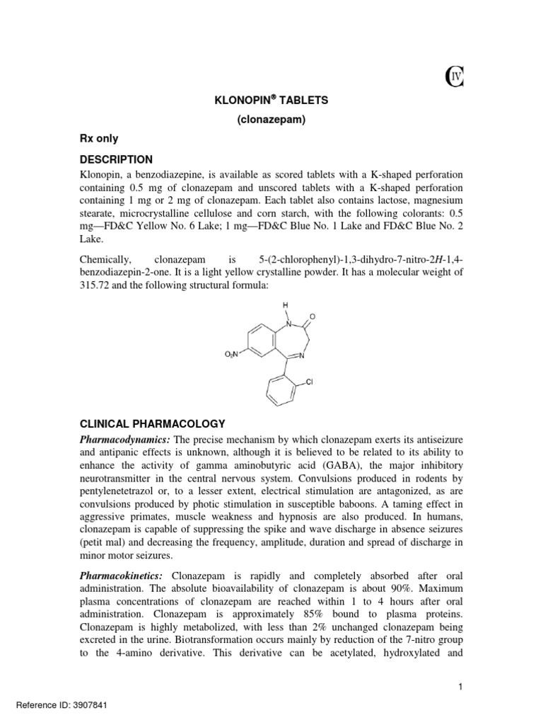 Klonopin Tablets (Clonazepam) RX Only Description PDF