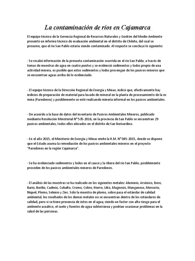 La Contaminación de Ríos en Cajamarca CTA | PDF | Minería | Residuos