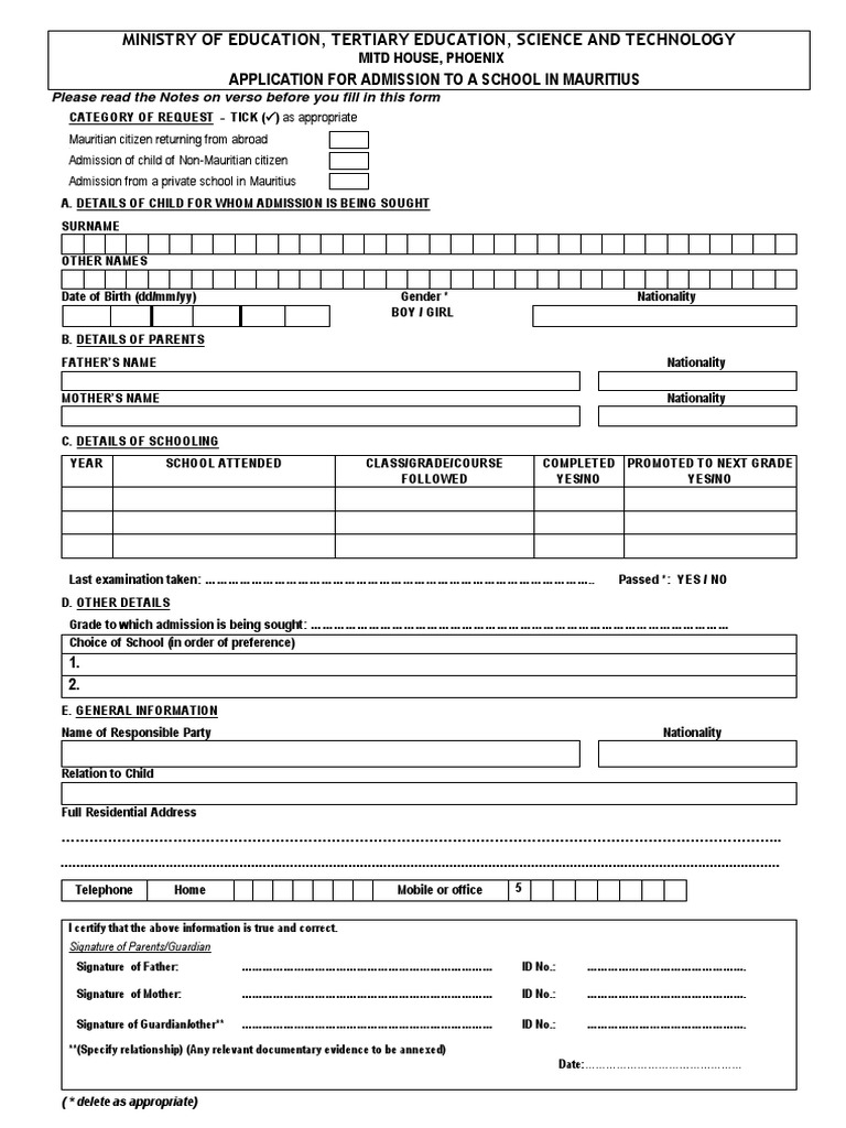 Admission Form To A School in Mauritius PDF Birth Certificate