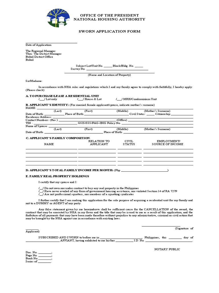Office of The President National Housing Authority Sworn Application