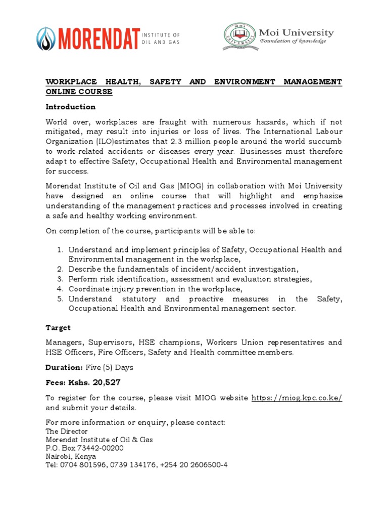 Workplace Health, Safety and Environment Management Online Course | PDF
