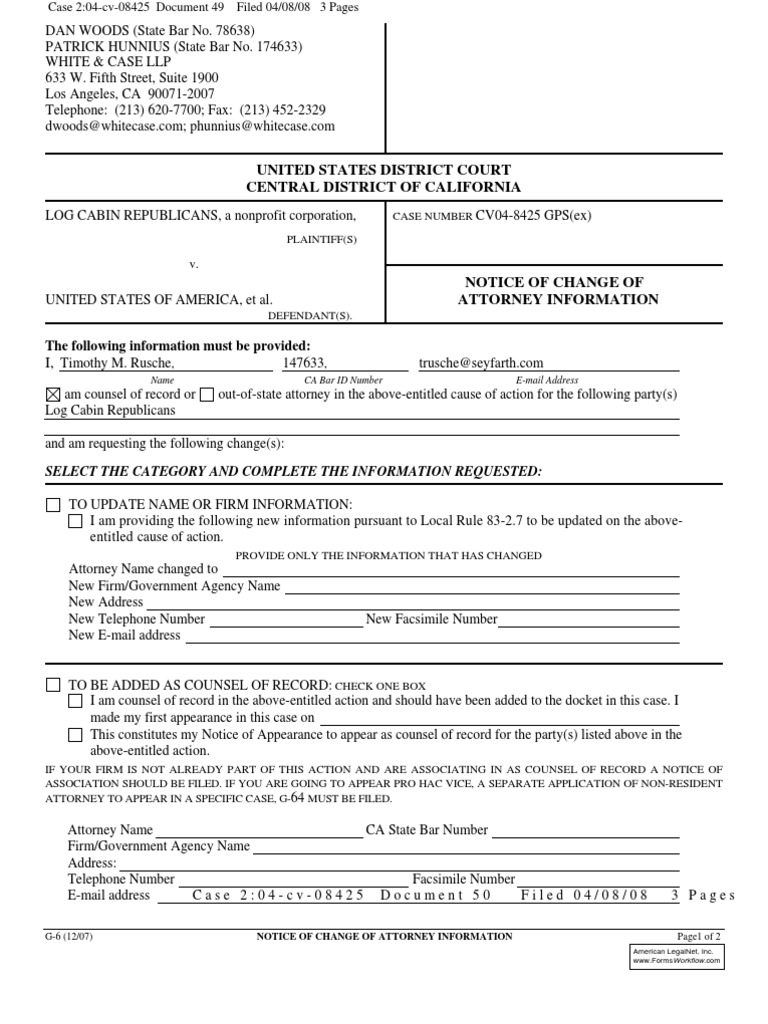 Change of Attorney Notice - Case CV04-8425 | PDF | Fax | Lawyer