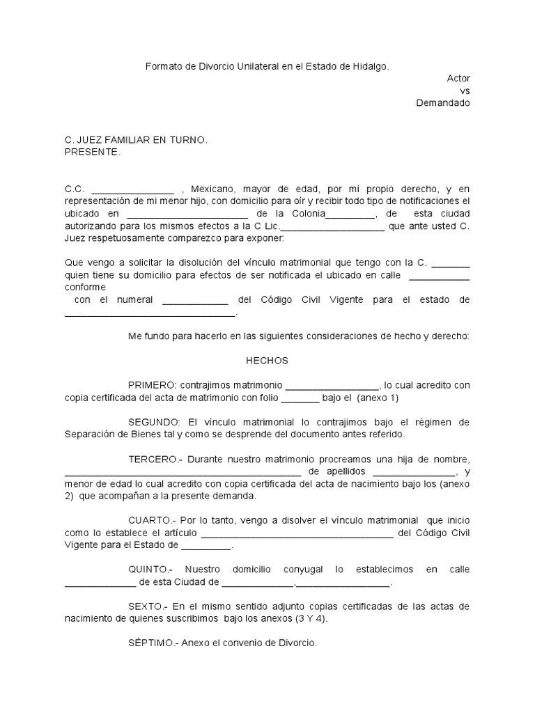 Formato de Divorcio Unilateral en El Estado de Hidalgo | PDF | Divorcio