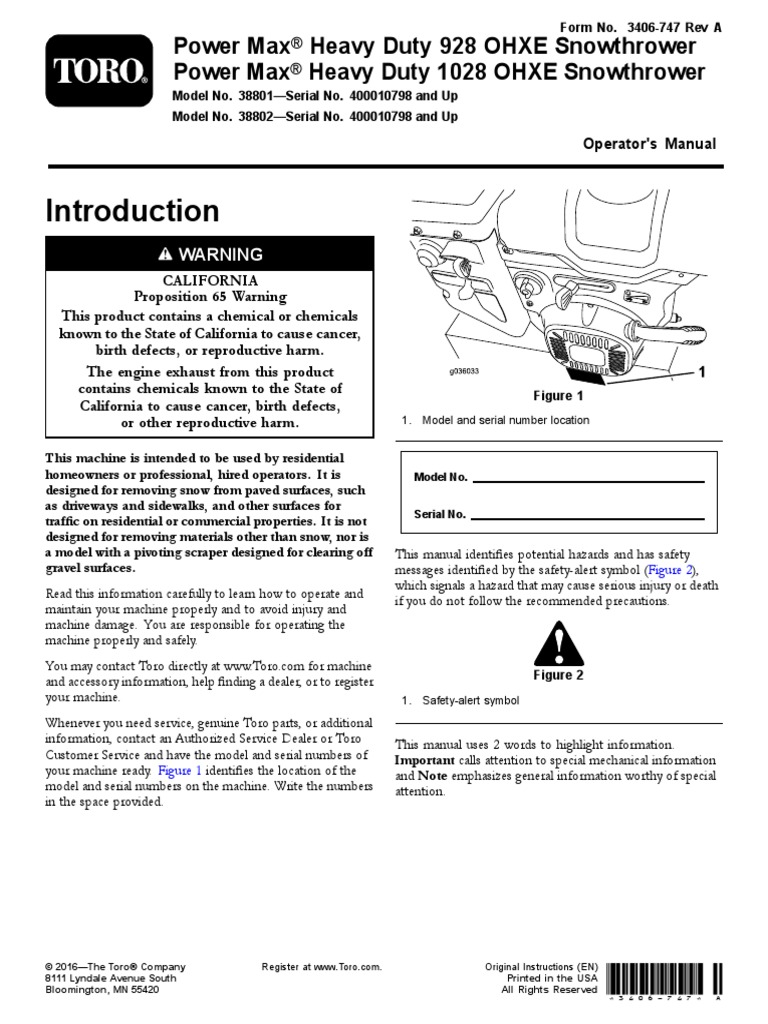 Toro Model 38801 PowerMax 928 OHXE Snowblower Opertor Manual | PDF